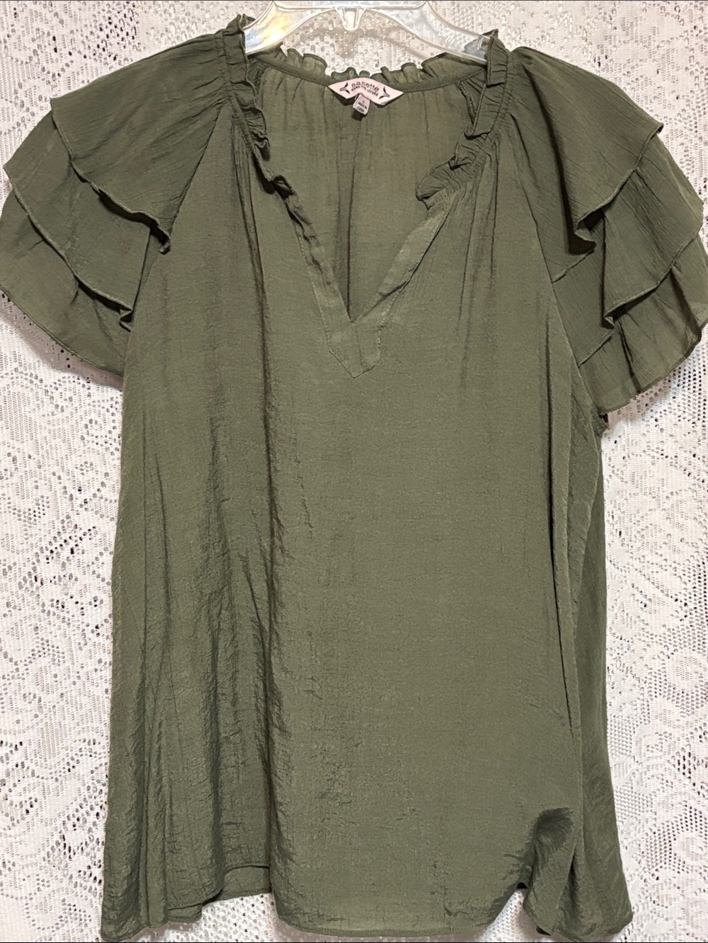 Nanette Lepore Olive Green Ruffle-Sleeve V-Neck Blouse